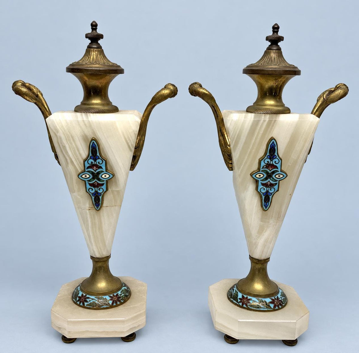 Vintage Pair of Cassolettes, White Banded Stone Urns with Enamel Medallions and Gilt Metal Mounts, Attributed 19th Century, 29 cm