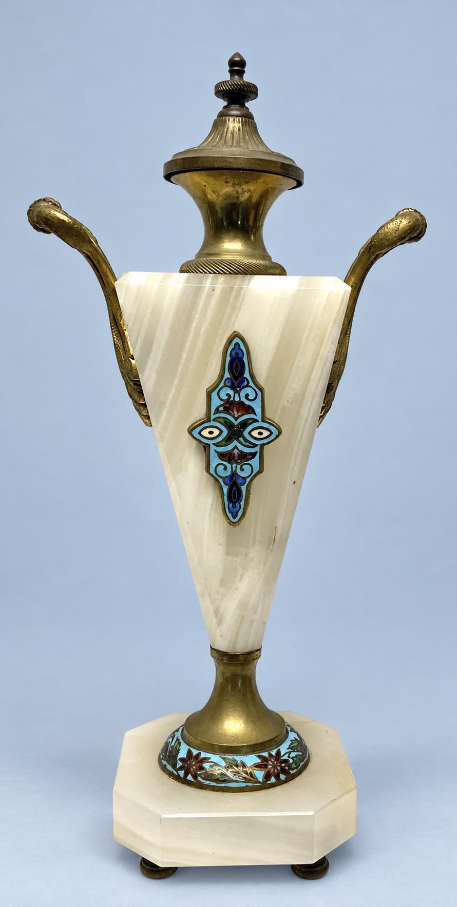 Vintage Pair of Cassolettes, White Banded Stone Urns with Enamel Medallions and Gilt Metal Mounts, Attributed 19th Century, 29 cm