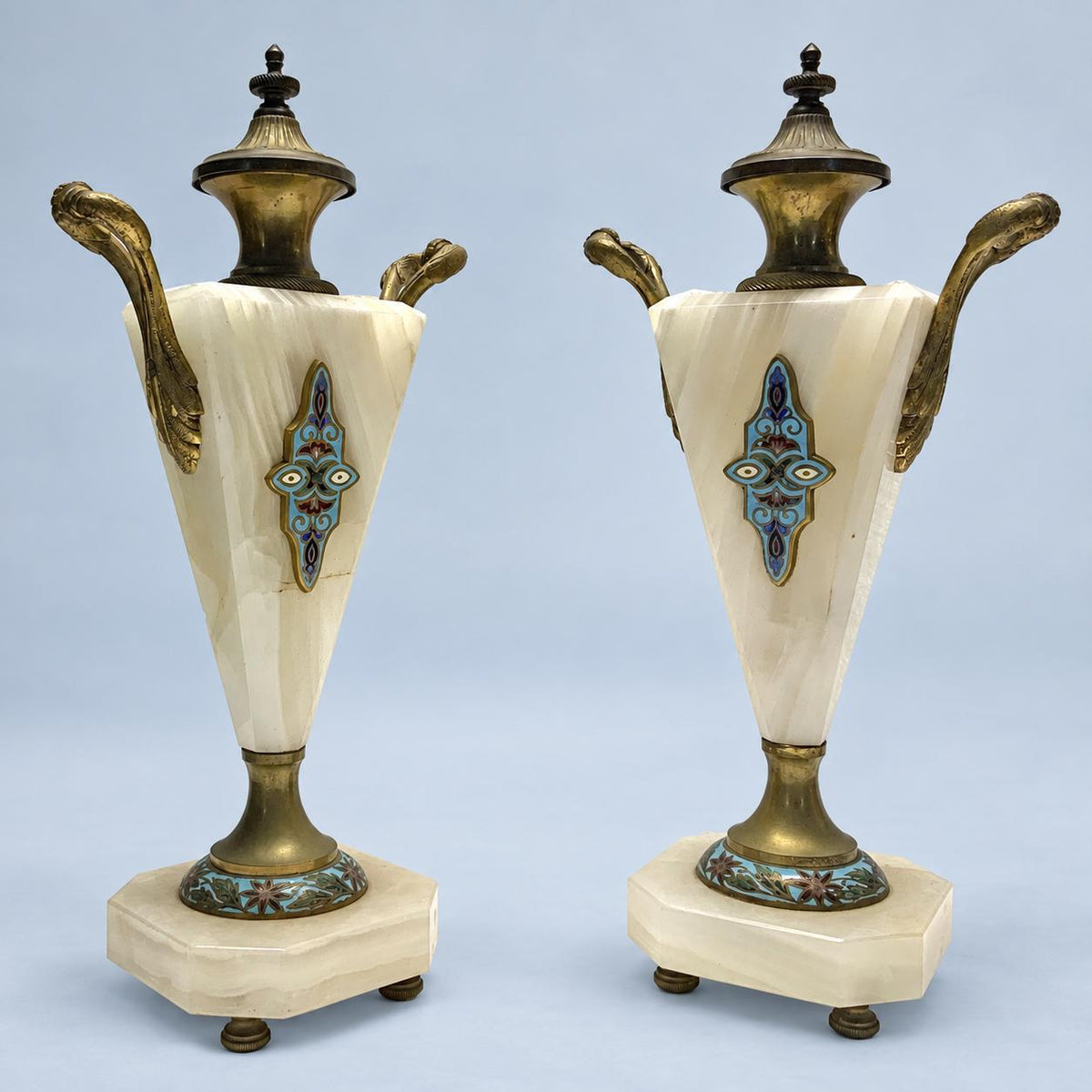 Vintage Pair of Cassolettes, White Banded Stone Urns with Enamel Medallions and Gilt Metal Mounts, Attributed 19th Century, 29 cm