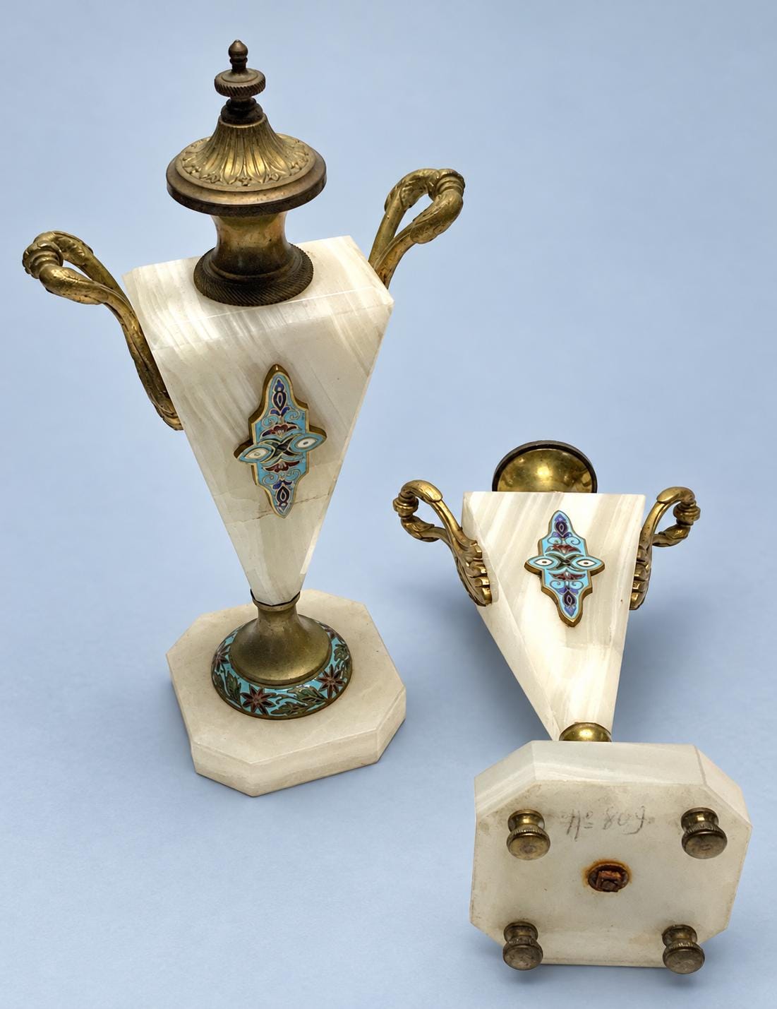 Vintage Pair of Cassolettes, White Banded Stone Urns with Enamel Medallions and Gilt Metal Mounts, Attributed 19th Century, 29 cm