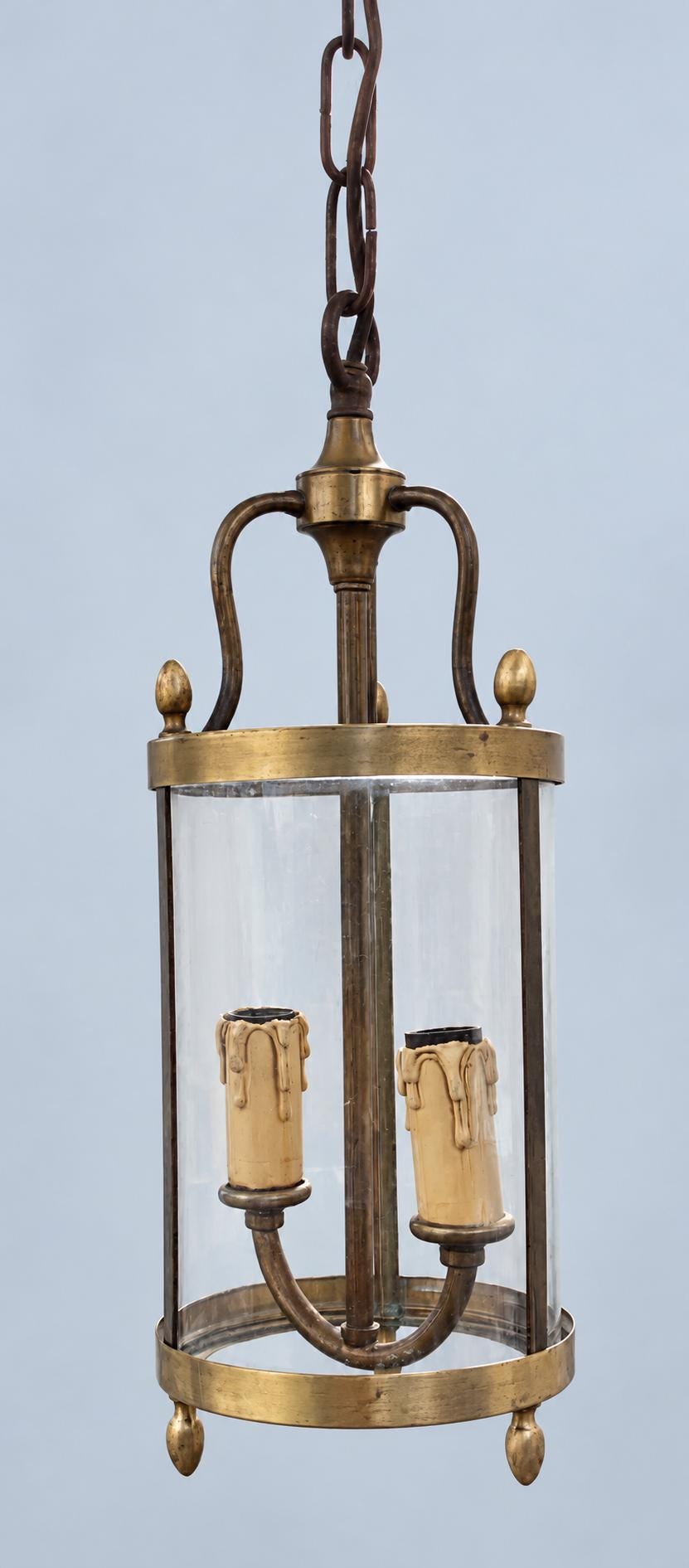 Vintage Round Brass Hall Lantern with Curved Glass, Acorn Finials and Bun Feet, Two Lights, 65 cm