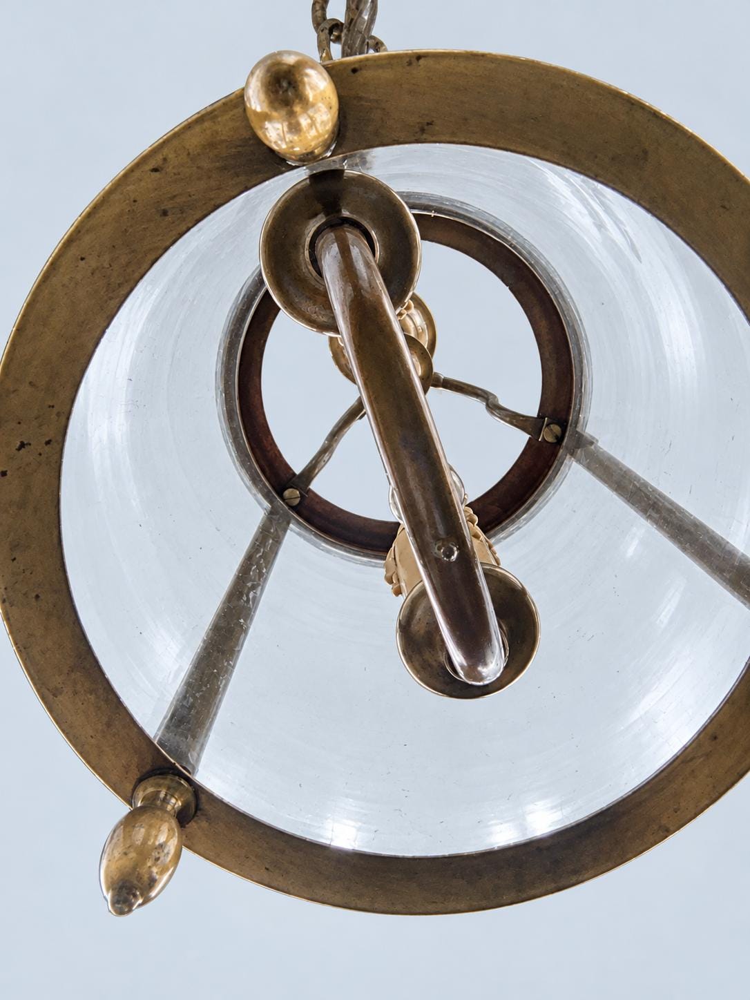 Vintage Round Brass Hall Lantern with Curved Glass, Acorn Finials and Bun Feet, Two Lights, 65 cm