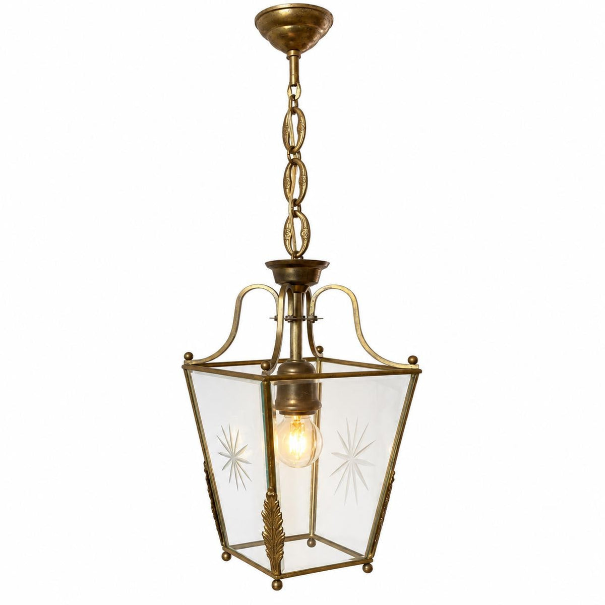 Vintage Brass Hall Lantern, Tapered Square Pendant with Bevelled Star-Cut Glass and Leaf Mounts, Attributed 20th Century, 64 cm