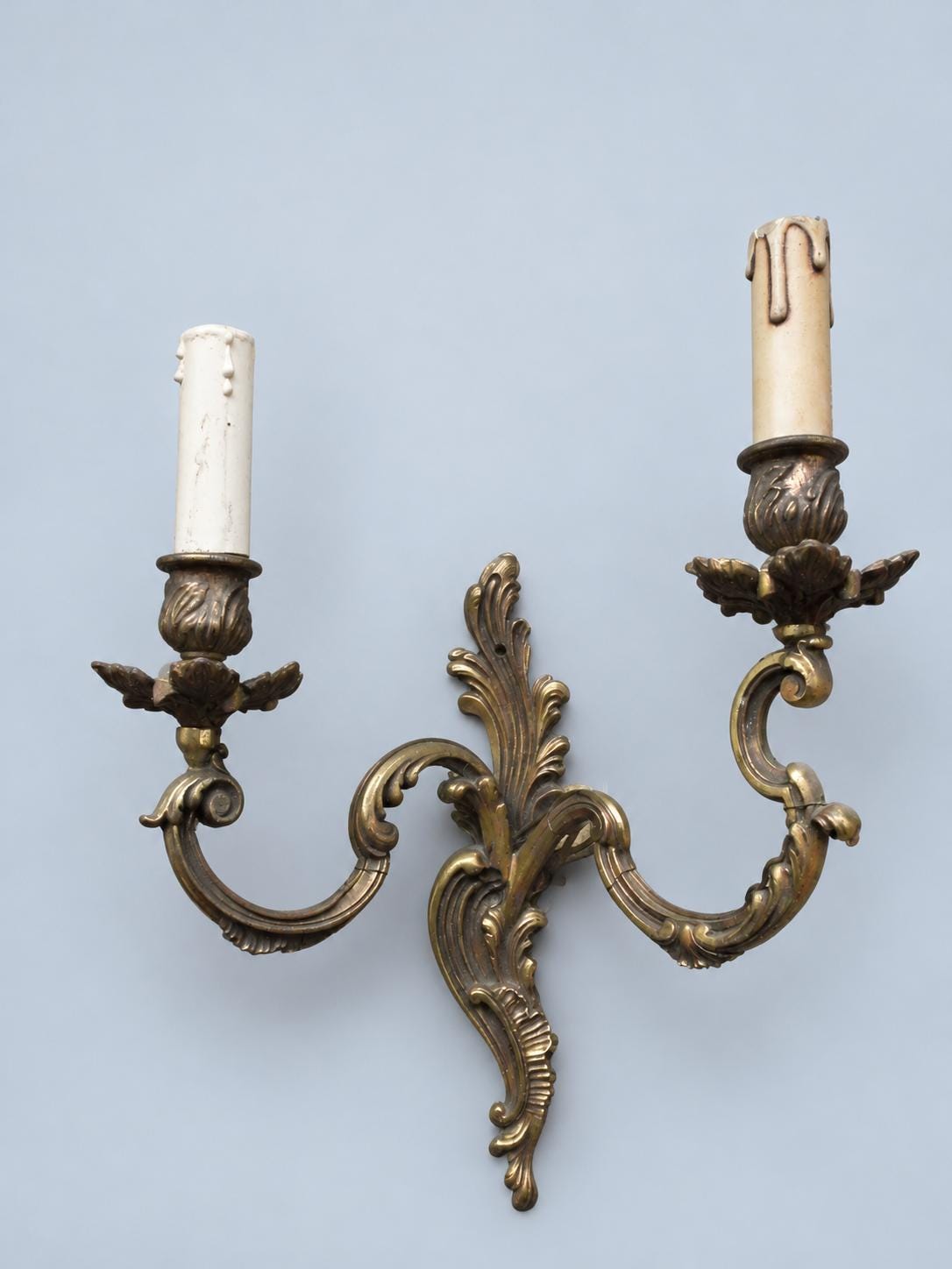 Vintage Pair of Louis XV Style Wall Sconces, Attributed Late 19th–Early 20th Century, Gilt Metal Acanthus Crest, Two Lights Each, 36 cm