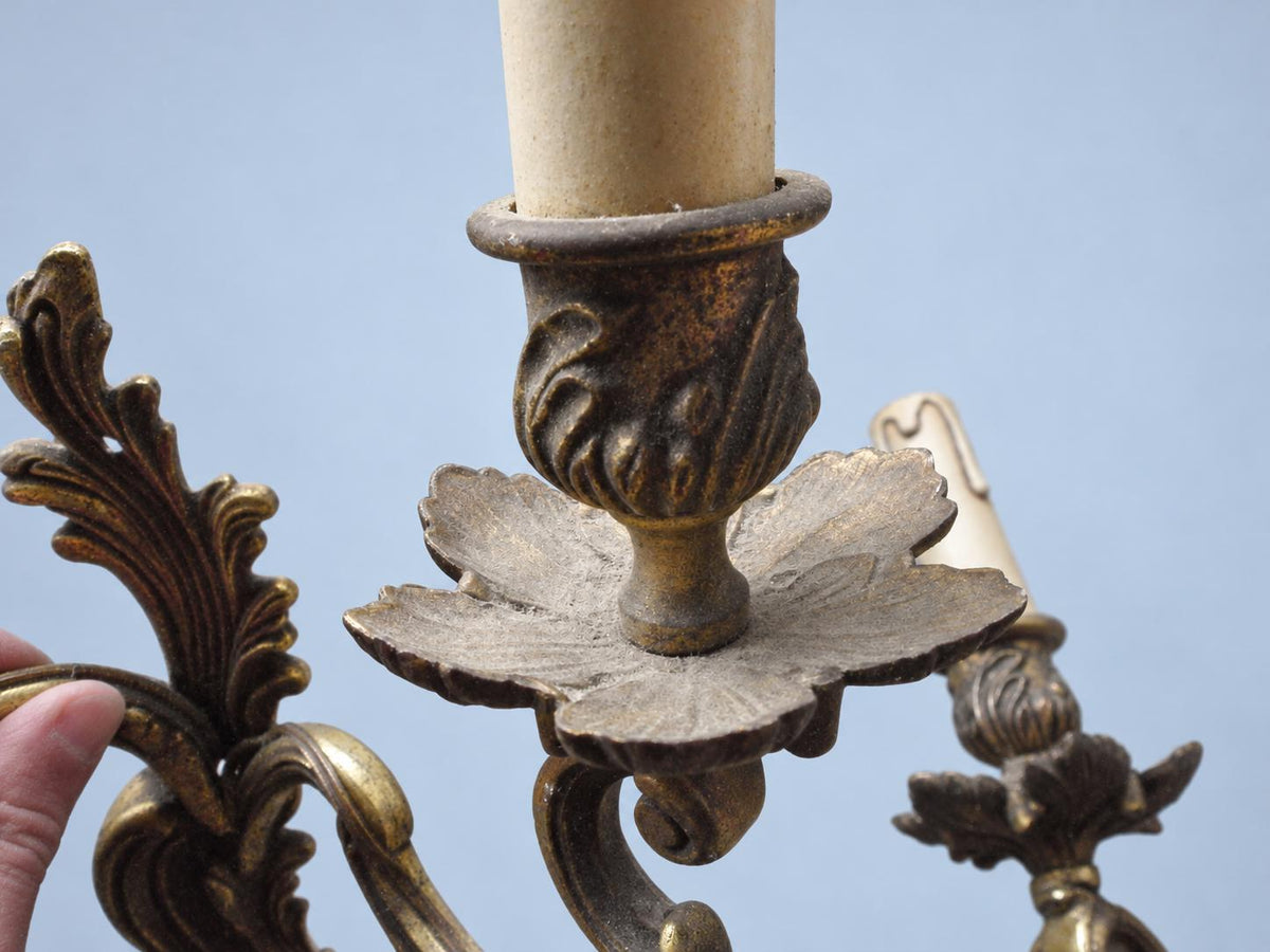 Vintage Pair of Louis XV Style Wall Sconces, Attributed Late 19th–Early 20th Century, Gilt Metal Acanthus Crest, Two Lights Each, 36 cm