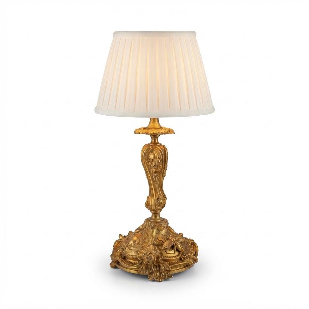 Vintage Large Louis XV Style Gilt Metal Candlestick, Attributed 19th Century, Relief Insects Among Flowering Branches, 31.5 cm