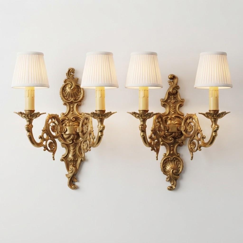 Vintage Pair of Louis XV Rocaille Style Wall Sconces, Cast Metal with Green Patina, Shell Crest and Pierced Scroll Arms, Two Lights Each