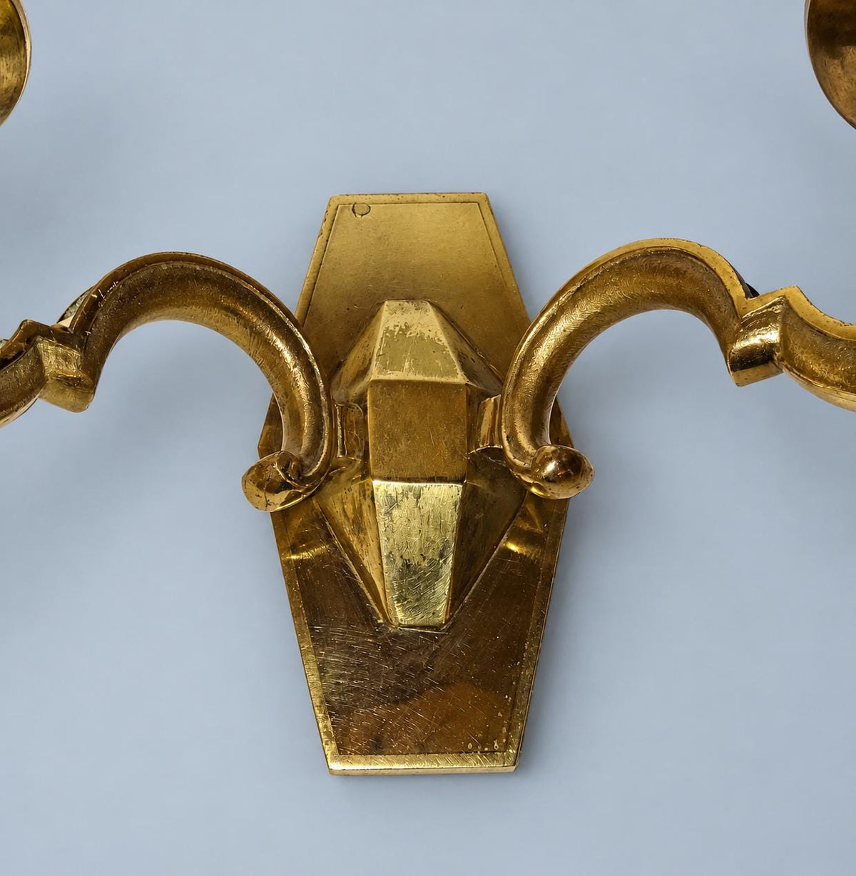 Vintage Pair of Louis XIV Style Polished Brass Wall Sconces, Faceted Backplates with Heavy Scroll Arms, Two Lights Each