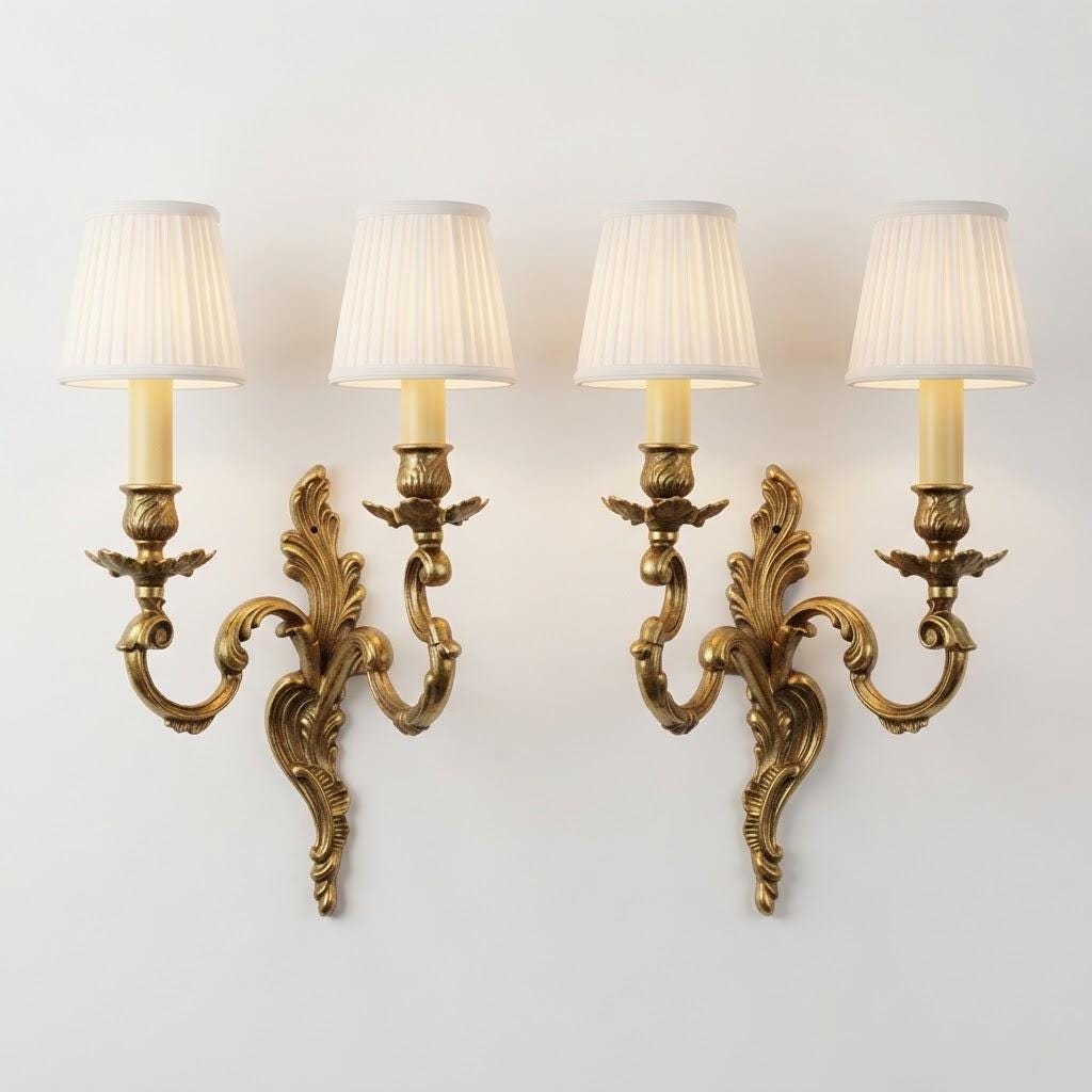 Vintage Pair of Louis XV Style Wall Sconces, Attributed Late 19th–Early 20th Century, Gilt Metal Acanthus Crest, Two Lights Each, 36 cm