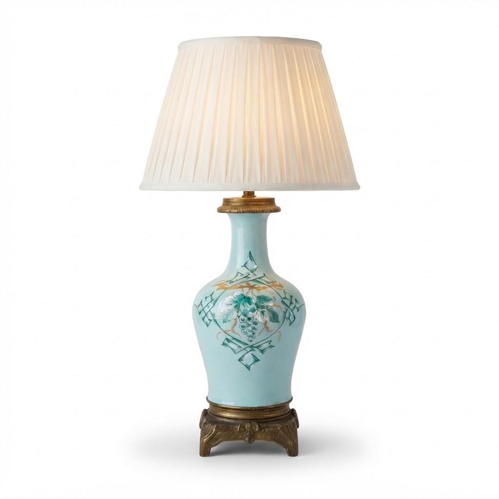 Vintage Celadon Porcelain Table Lamp with Grapevine Decoration, Attributed 19th Century, Patinated Metal Mounts, Sold Without Shade, 31 cm