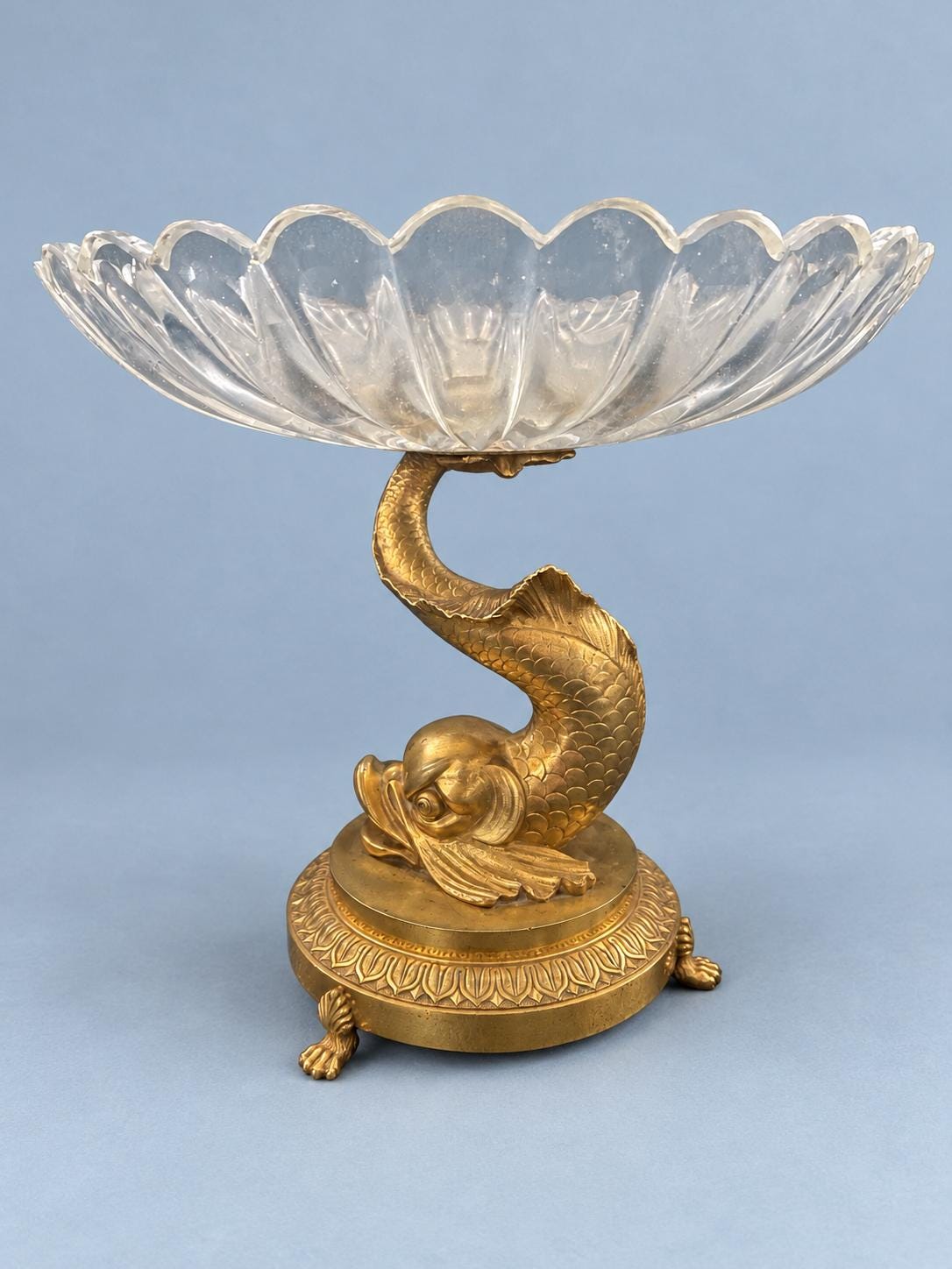 Vintage Empire Style Dolphin Tazza, Cut Glass Scalloped Bowl on Gilt Metal Dolphin Stand with Paw Feet, Attributed 19th Century, 23 cm