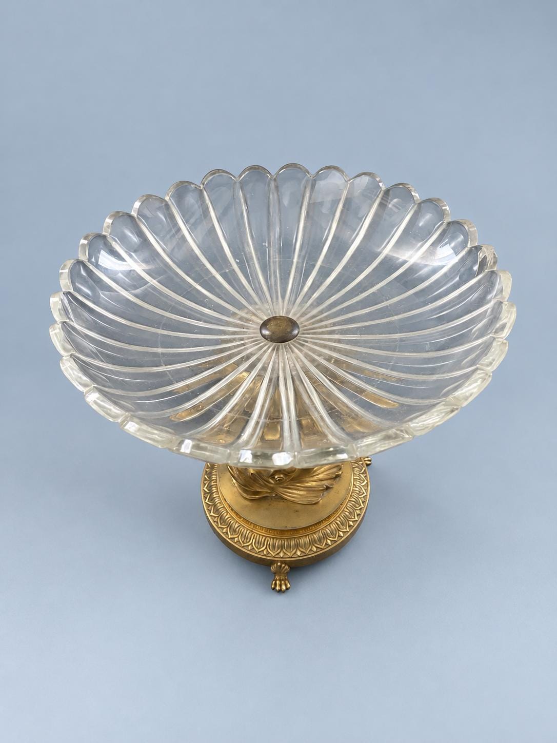 Vintage Empire Style Dolphin Tazza, Cut Glass Scalloped Bowl on Gilt Metal Dolphin Stand with Paw Feet, Attributed 19th Century, 23 cm