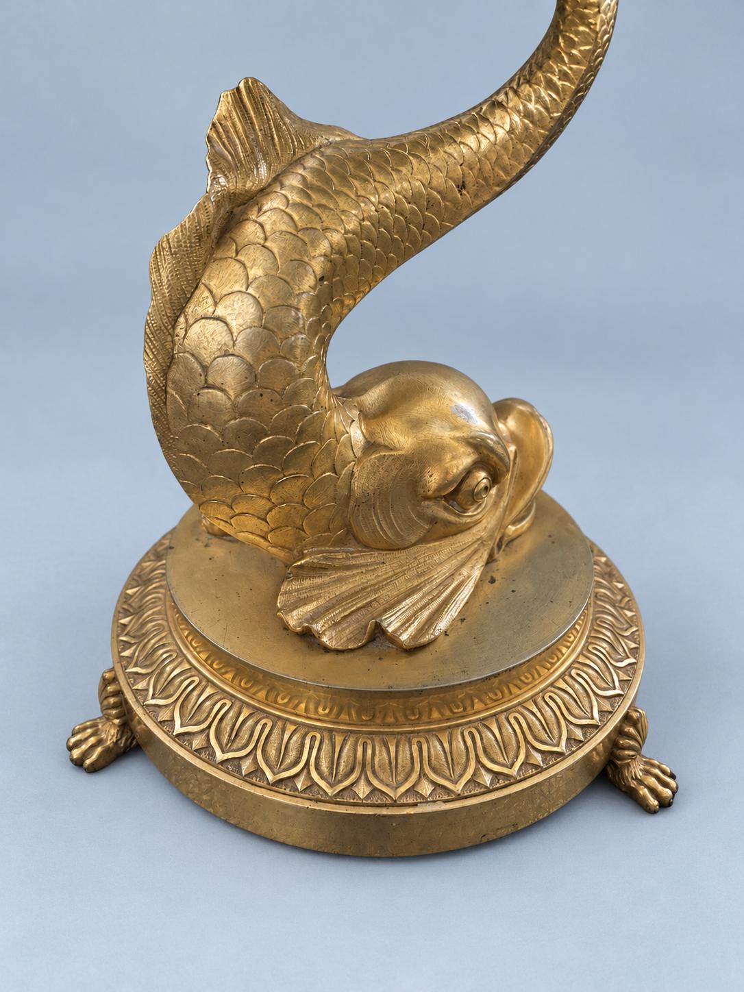 Vintage Empire Style Dolphin Tazza, Cut Glass Scalloped Bowl on Gilt Metal Dolphin Stand with Paw Feet, Attributed 19th Century, 23 cm