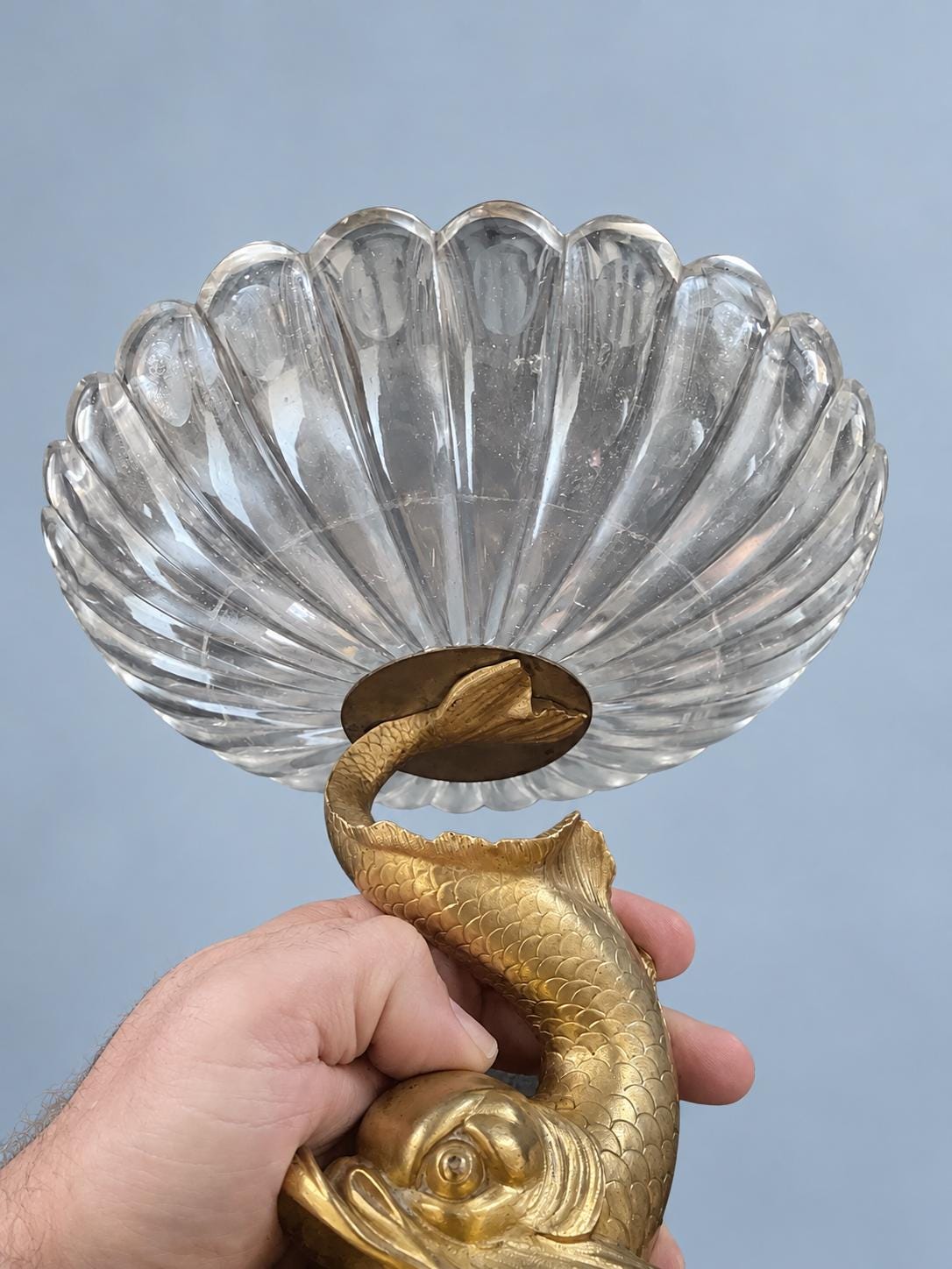 Vintage Empire Style Dolphin Tazza, Cut Glass Scalloped Bowl on Gilt Metal Dolphin Stand with Paw Feet, Attributed 19th Century, 23 cm