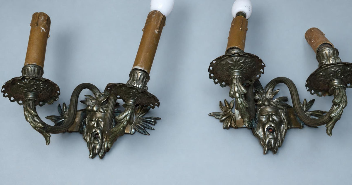 Vintage Pair of Wall Sconces with Bearded Bacchus-Style Masks, Patinated Metal with Leafy Arms, Two Lights Each