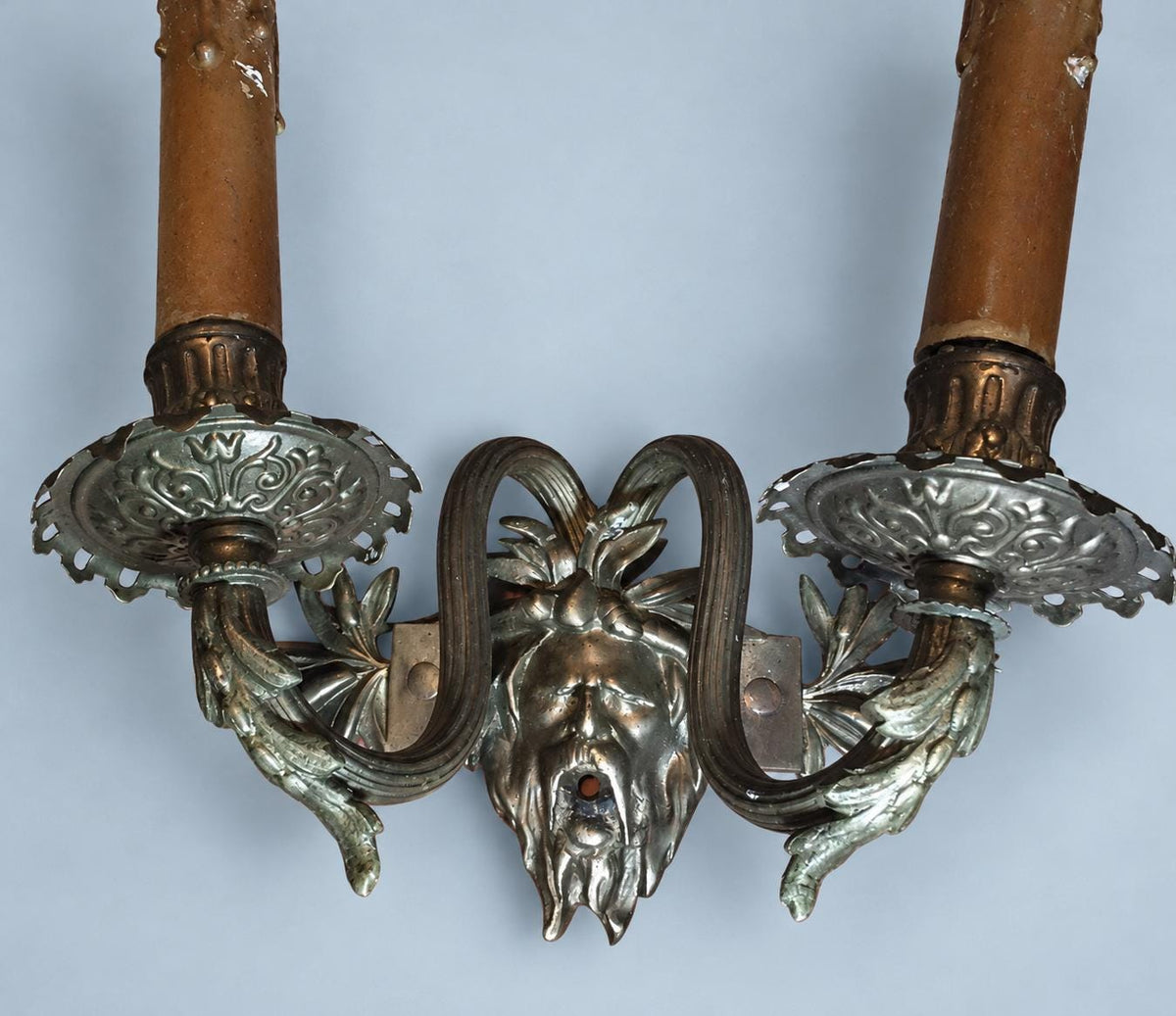 Vintage Pair of Wall Sconces with Bearded Bacchus-Style Masks, Patinated Metal with Leafy Arms, Two Lights Each