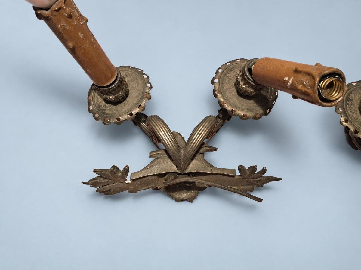 Vintage Pair of Wall Sconces with Bearded Bacchus-Style Masks, Patinated Metal with Leafy Arms, Two Lights Each