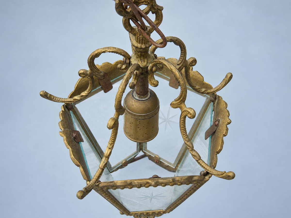Vintage Five-Sided Hall Lantern, Star-Etched Glass, Beaded Brass-Tone Frame and Scroll Crown, Restoration Project