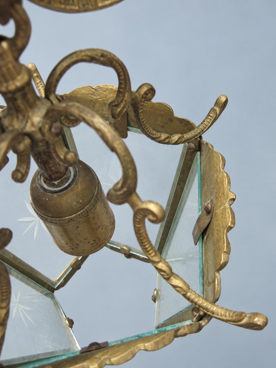 Vintage Five-Sided Hall Lantern, Star-Etched Glass, Beaded Brass-Tone Frame and Scroll Crown, Restoration Project