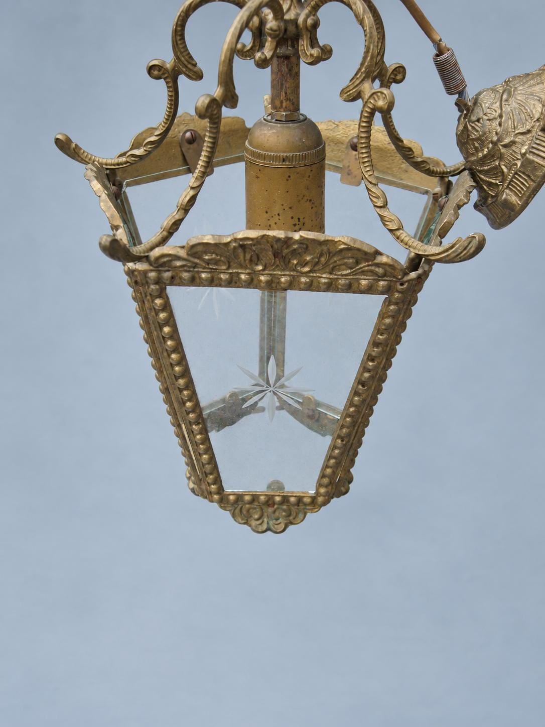 Vintage Five-Sided Hall Lantern, Star-Etched Glass, Beaded Brass-Tone Frame and Scroll Crown, Restoration Project