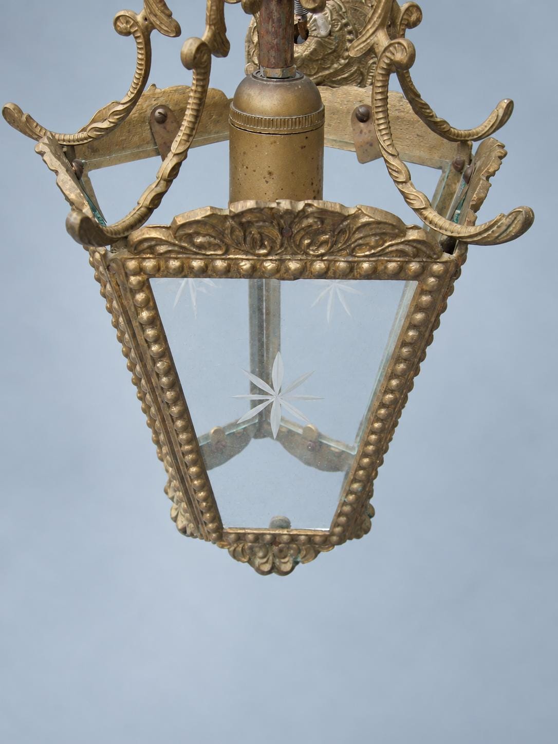 Vintage Five-Sided Hall Lantern, Star-Etched Glass, Beaded Brass-Tone Frame and Scroll Crown, Restoration Project