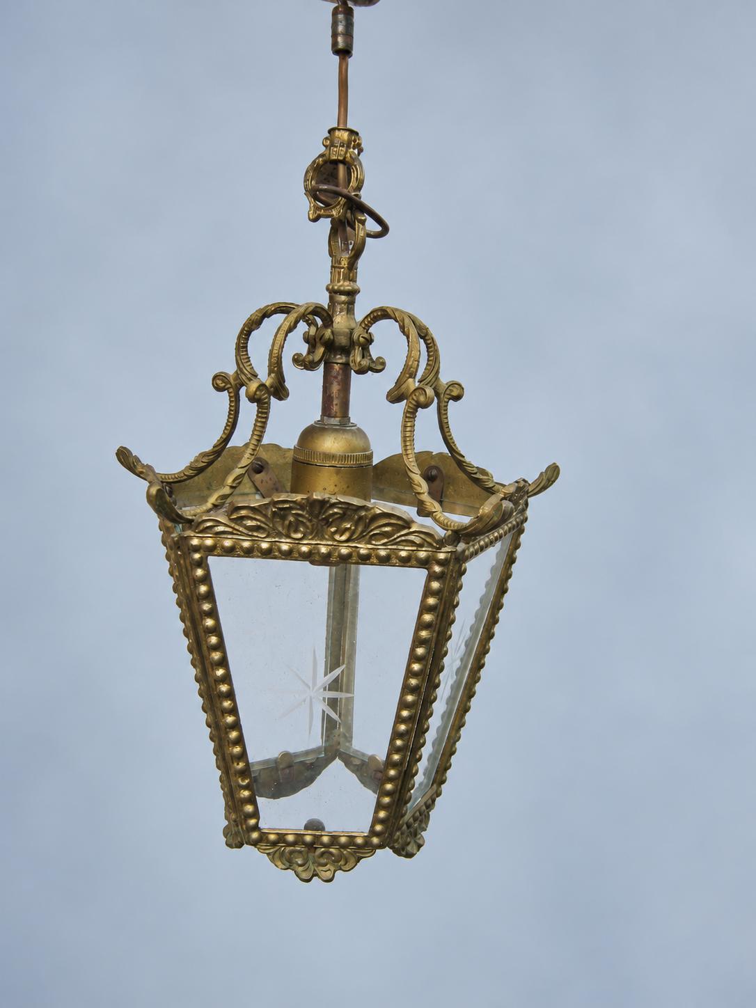 Vintage Five-Sided Hall Lantern, Star-Etched Glass, Beaded Brass-Tone Frame and Scroll Crown, Restoration Project