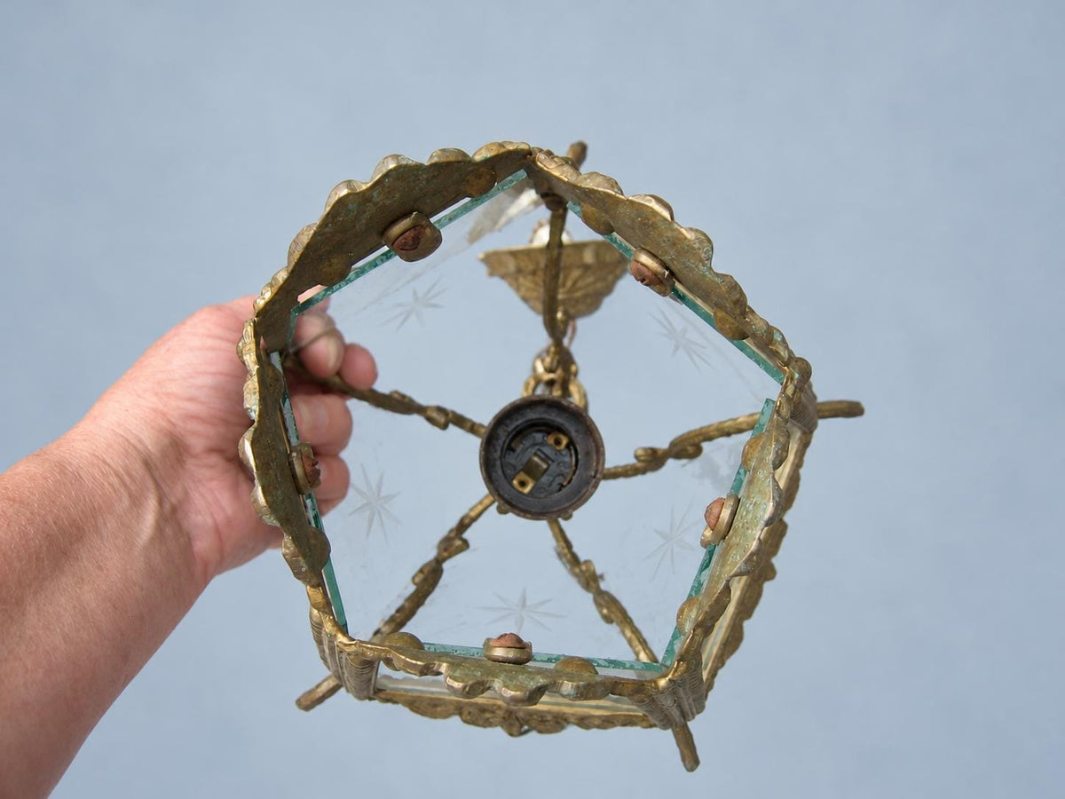Vintage Five-Sided Hall Lantern, Star-Etched Glass, Beaded Brass-Tone Frame and Scroll Crown, Restoration Project