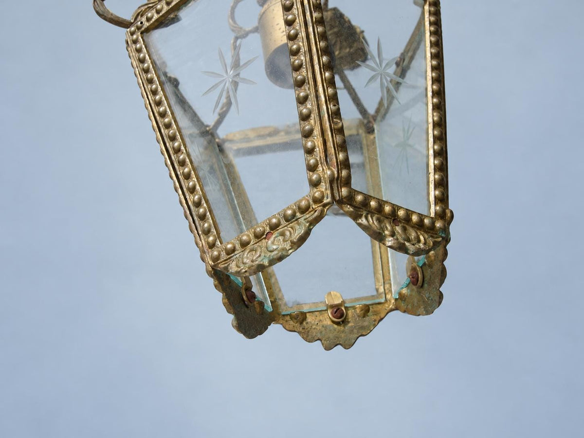 Vintage Five-Sided Hall Lantern, Star-Etched Glass, Beaded Brass-Tone Frame and Scroll Crown, Restoration Project