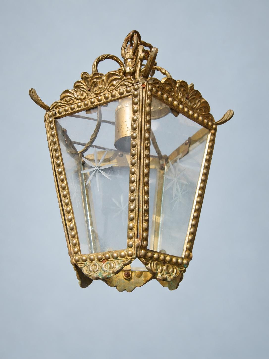 Vintage Five-Sided Hall Lantern, Star-Etched Glass, Beaded Brass-Tone Frame and Scroll Crown, Restoration Project