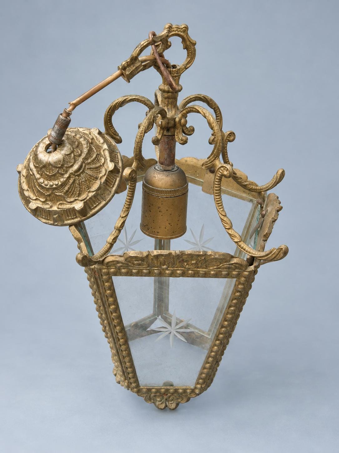 Vintage Five-Sided Hall Lantern, Star-Etched Glass, Beaded Brass-Tone Frame and Scroll Crown, Restoration Project