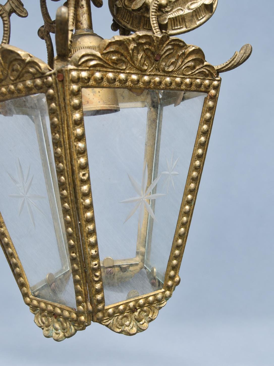 Vintage Five-Sided Hall Lantern, Star-Etched Glass, Beaded Brass-Tone Frame and Scroll Crown, Restoration Project