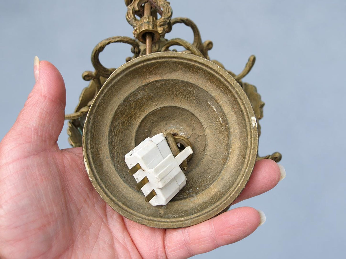 Vintage Five-Sided Hall Lantern, Star-Etched Glass, Beaded Brass-Tone Frame and Scroll Crown, Restoration Project