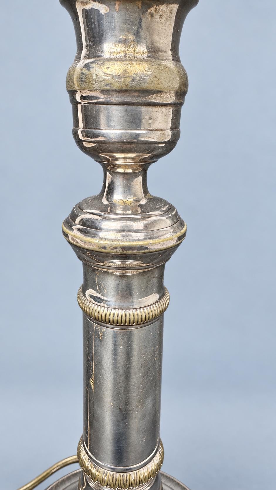 Vintage Empire Consulat Style Candlestick Table Lamp, Silver-Tone Metal with Leaf Bands, Attributed 19th Century, Sold Without Shade