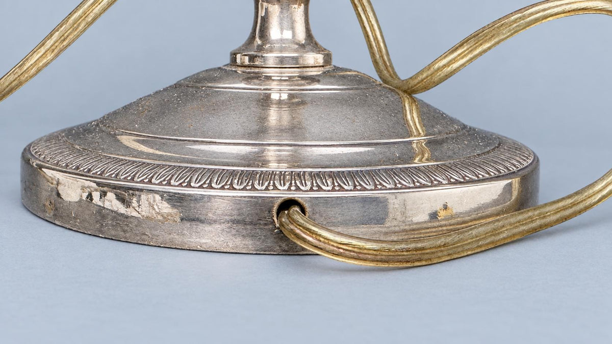 Vintage Empire Consulat Style Candlestick Table Lamp, Silver-Tone Metal with Leaf Bands, Attributed 19th Century, Sold Without Shade