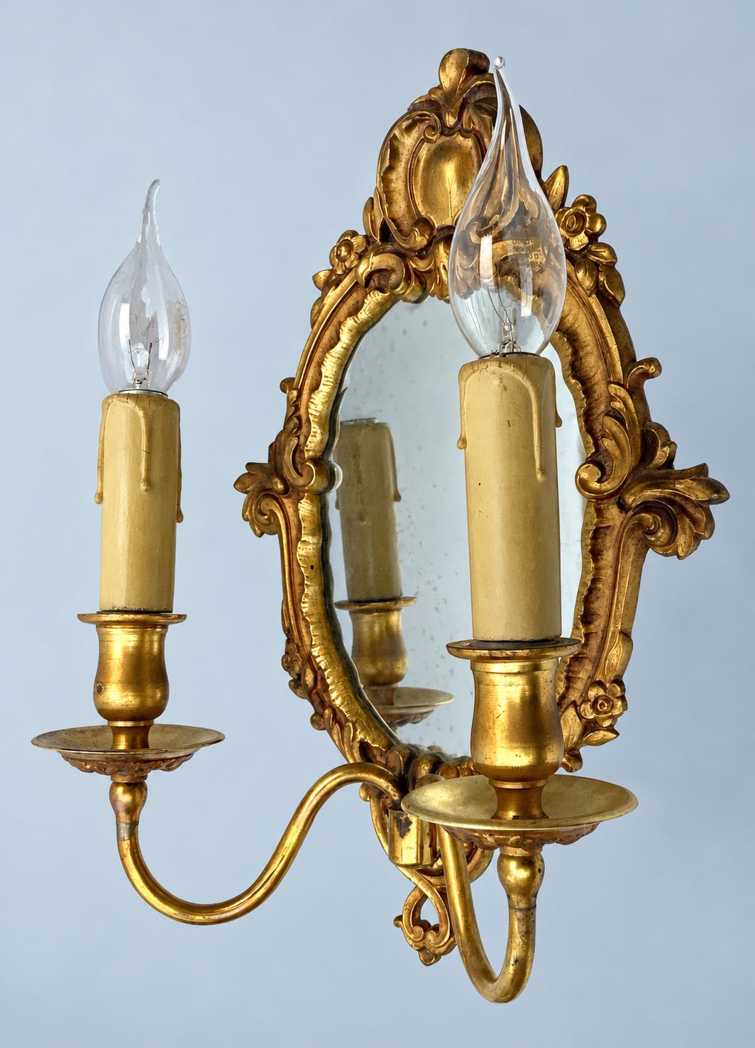 Vintage Pair of Rococo Style Mirror Wall Sconces, Gilt Metal Cartouche Frames with Two Lights Each, 33 cm