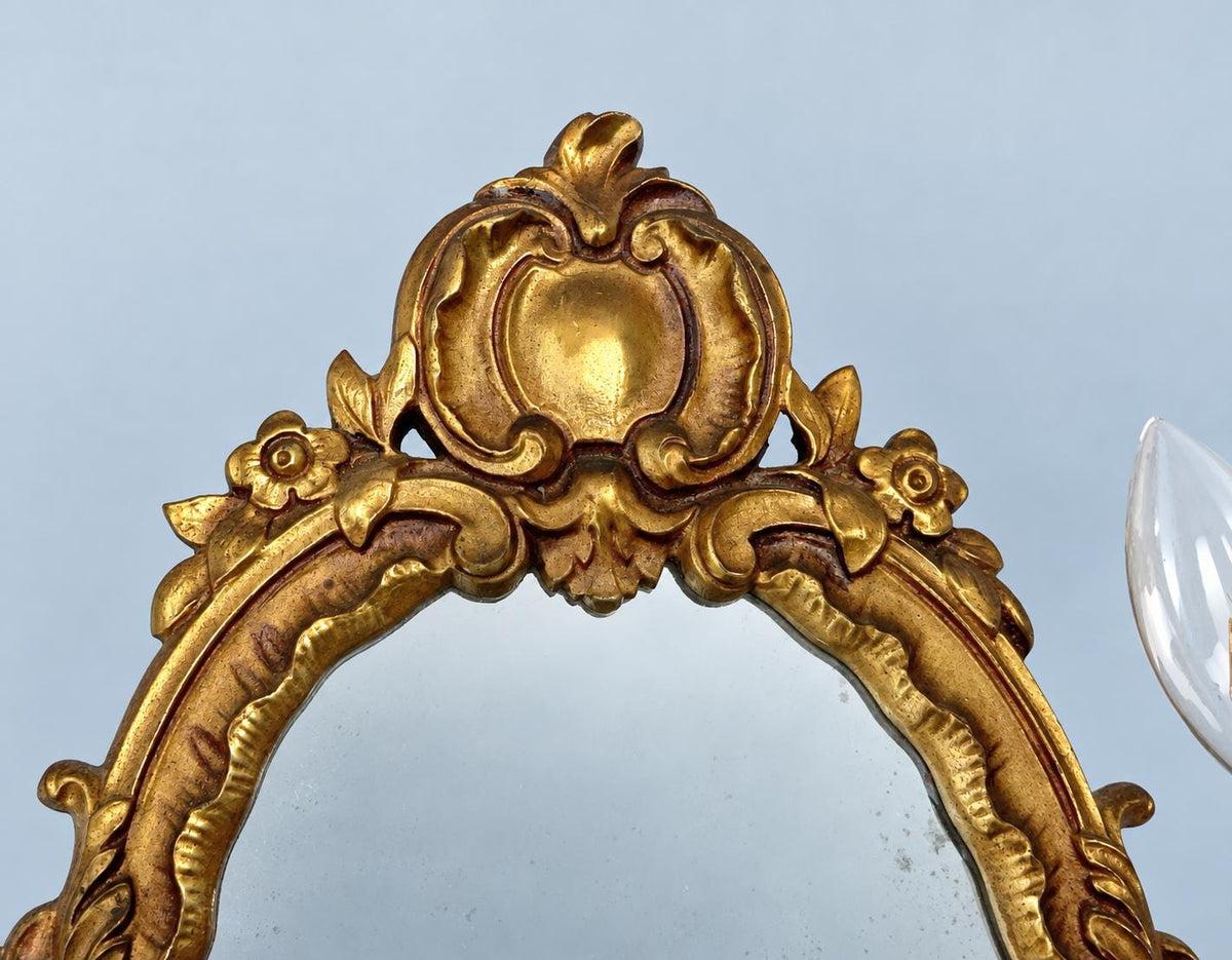 Vintage Pair of Rococo Style Mirror Wall Sconces, Gilt Metal Cartouche Frames with Two Lights Each, 33 cm