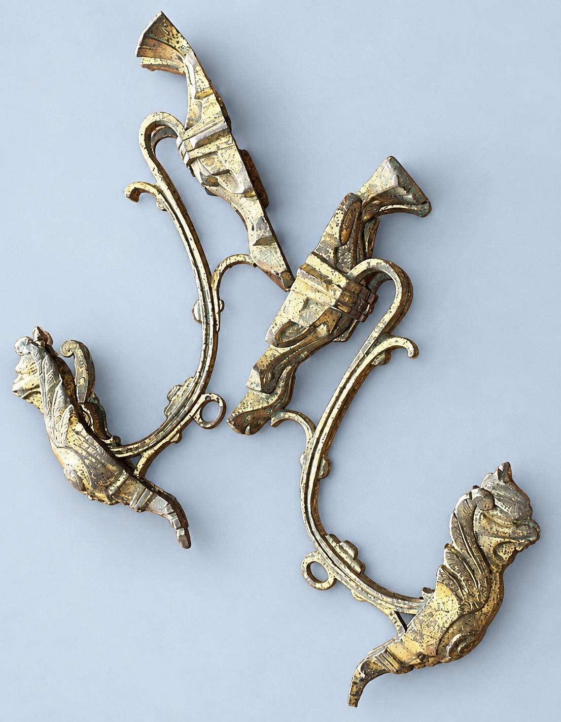 Vintage Pair of Gilt Metal Curtain Tiebacks with Winged Lion Heads, Scrolled Holdback Arms, 24 cm
