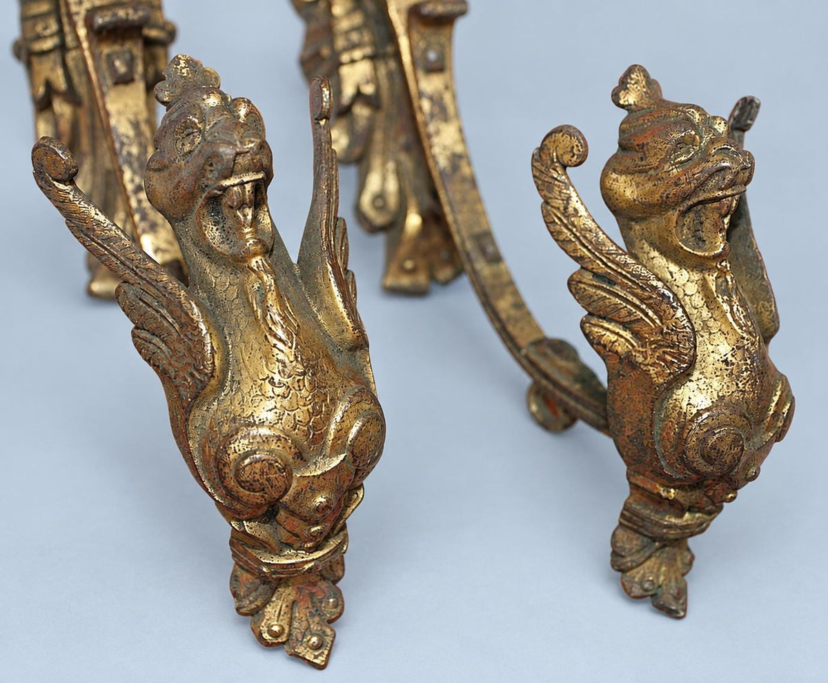 Vintage Pair of Gilt Metal Curtain Tiebacks with Winged Lion Heads, Scrolled Holdback Arms, 24 cm
