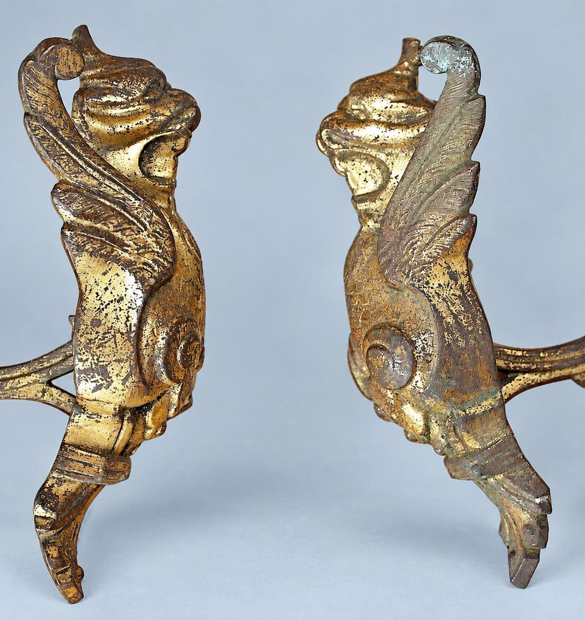 Vintage Pair of Gilt Metal Curtain Tiebacks with Winged Lion Heads, Scrolled Holdback Arms, 24 cm