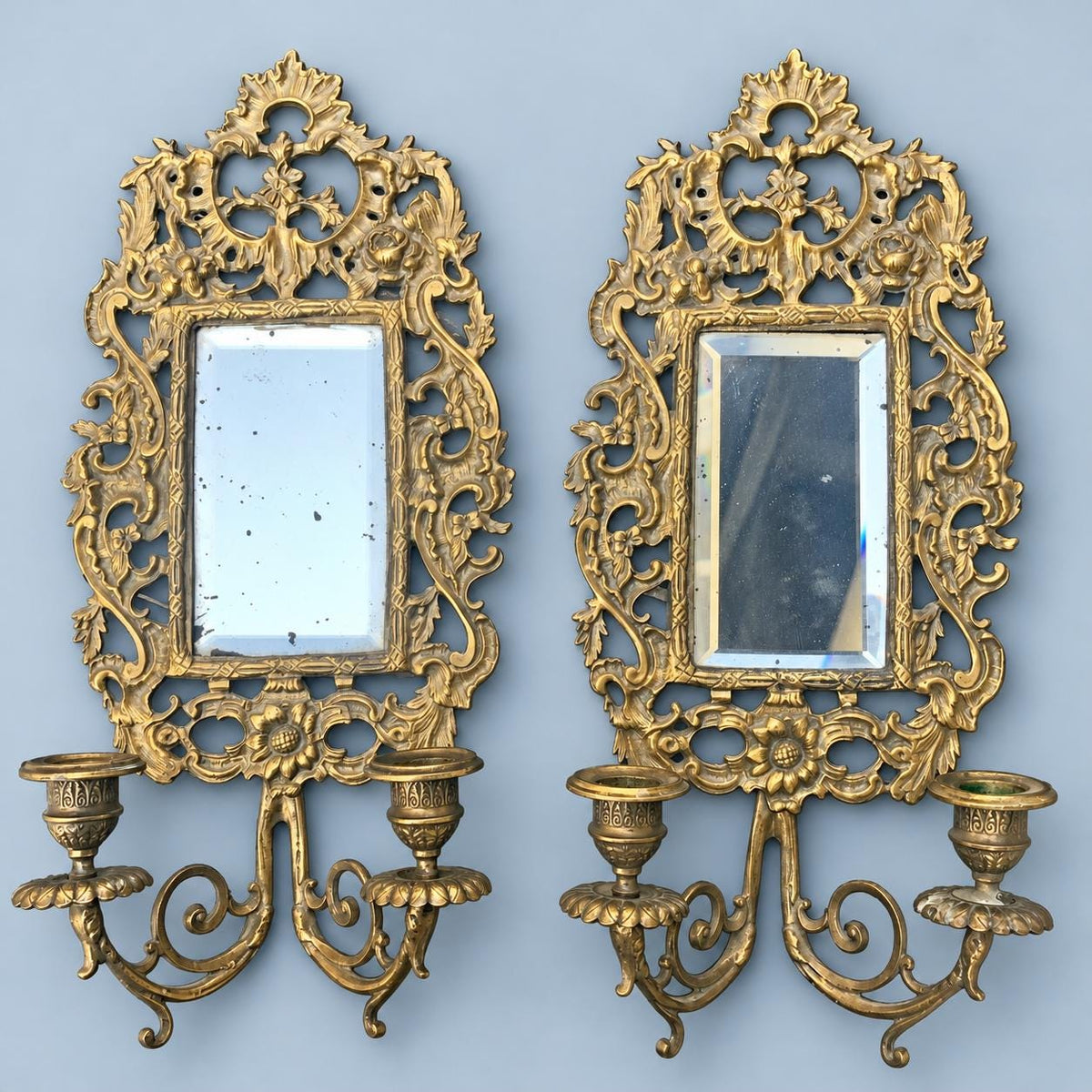 Pair of Bronze Mirror Candle Sconces, Louis XV Rocaille Style, Bevelled Rectangular Mirrors and Floral Openwork, 41 cm