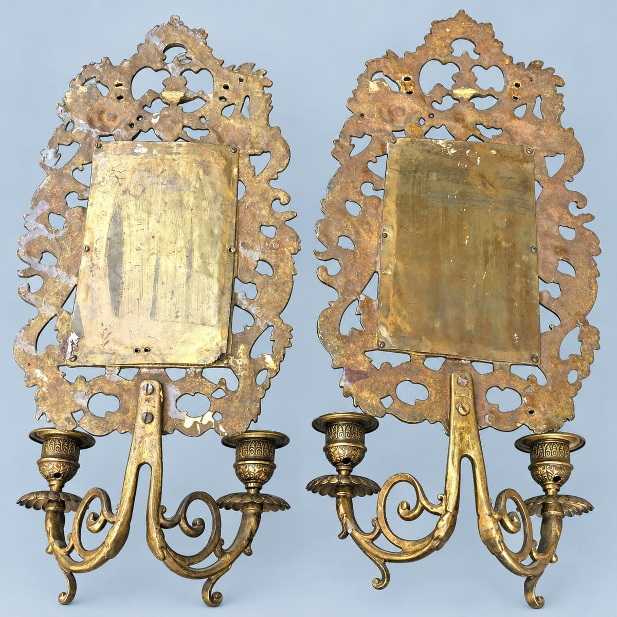 Pair of Bronze Mirror Candle Sconces, Louis XV Rocaille Style, Bevelled Rectangular Mirrors and Floral Openwork, 41 cm