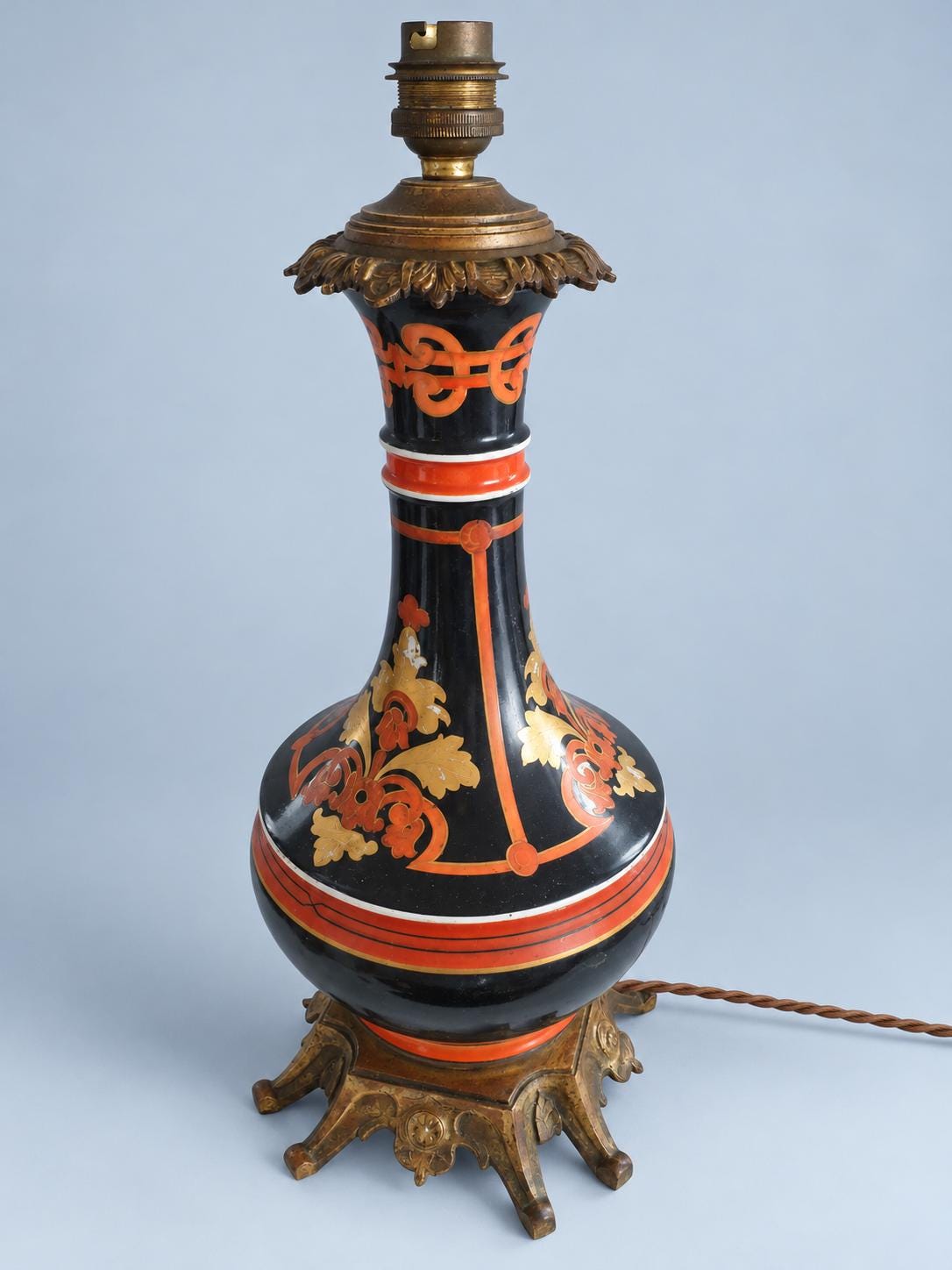 Vintage Napoléon III Style Ceramic Lamp Base, Black Glaze with Orange and Gold Decoration, Patinated Metal Mounts, Sold Without Shade, 39 cm