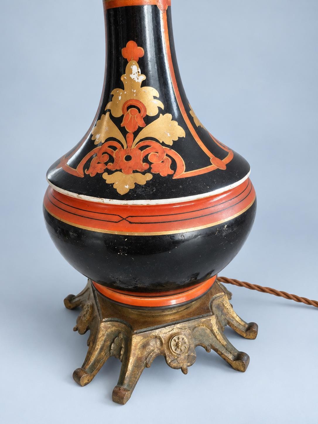 Vintage Napoléon III Style Ceramic Lamp Base, Black Glaze with Orange and Gold Decoration, Patinated Metal Mounts, Sold Without Shade, 39 cm