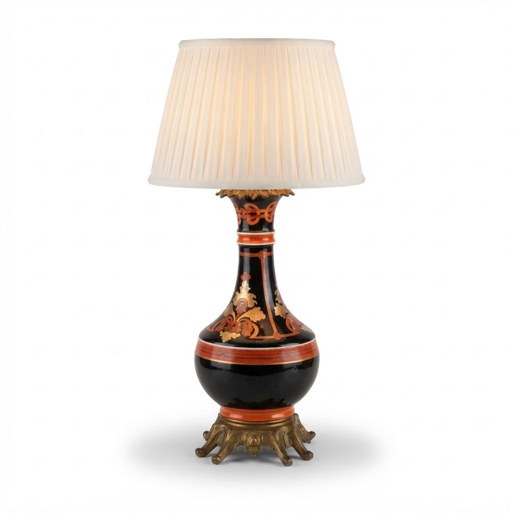 Vintage Napoléon III Style Ceramic Lamp Base, Black Glaze with Orange and Gold Decoration, Patinated Metal Mounts, Sold Without Shade, 39 cm