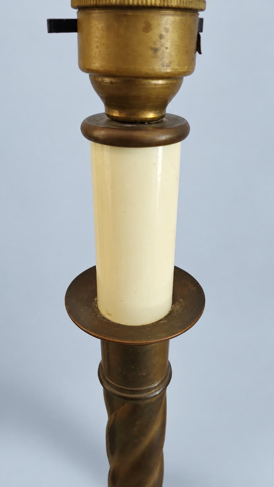Vintage Pair of Twist-Column Candlestick Table Lamps, Patinated Metal with Gadrooned Bases and Candle Sleeves, Sold Without Shades, 38 cm