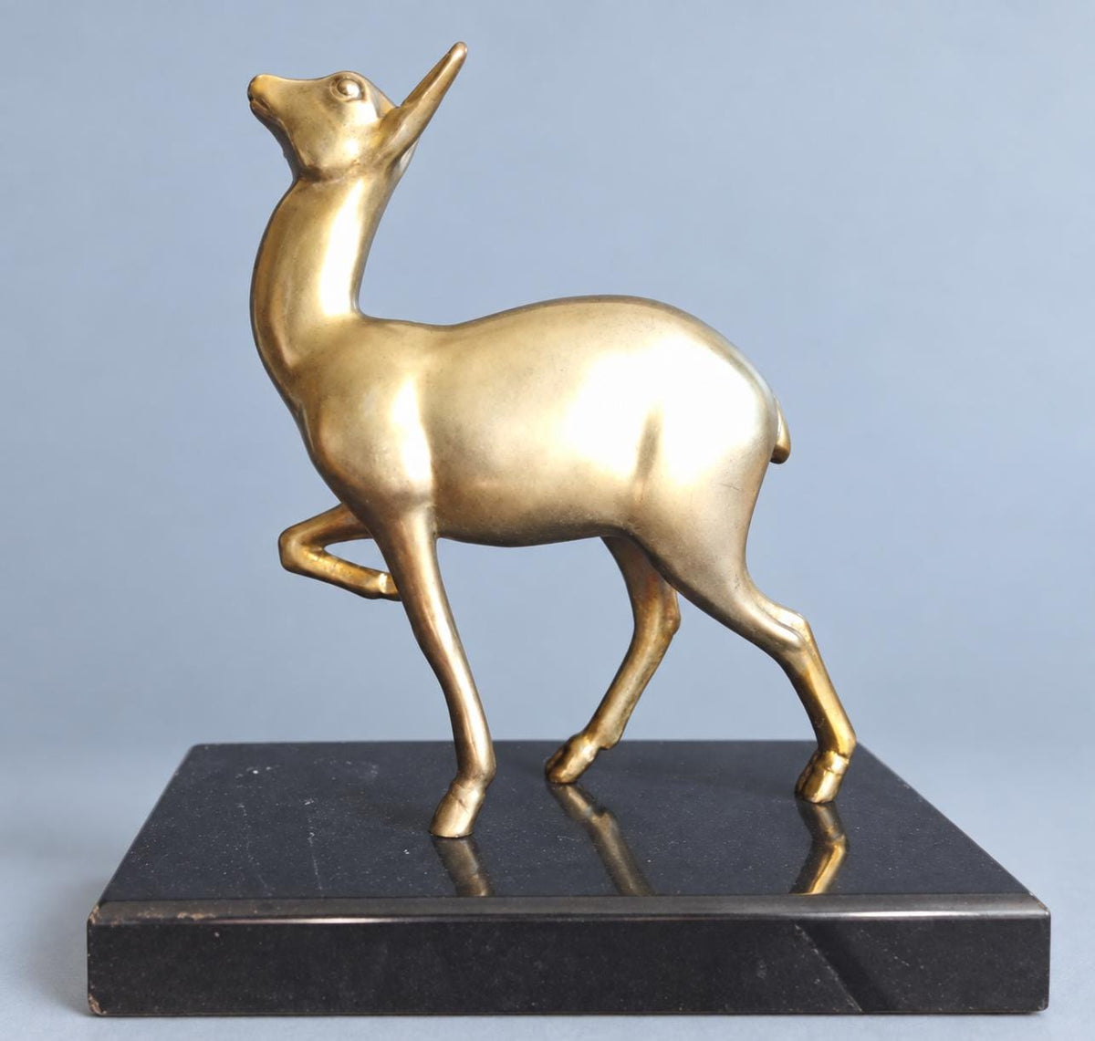 Vintage Art Deco Style Doe Statuette, Gilt Metal Fawn Looking Upward on Black Marble Base, 21 cm