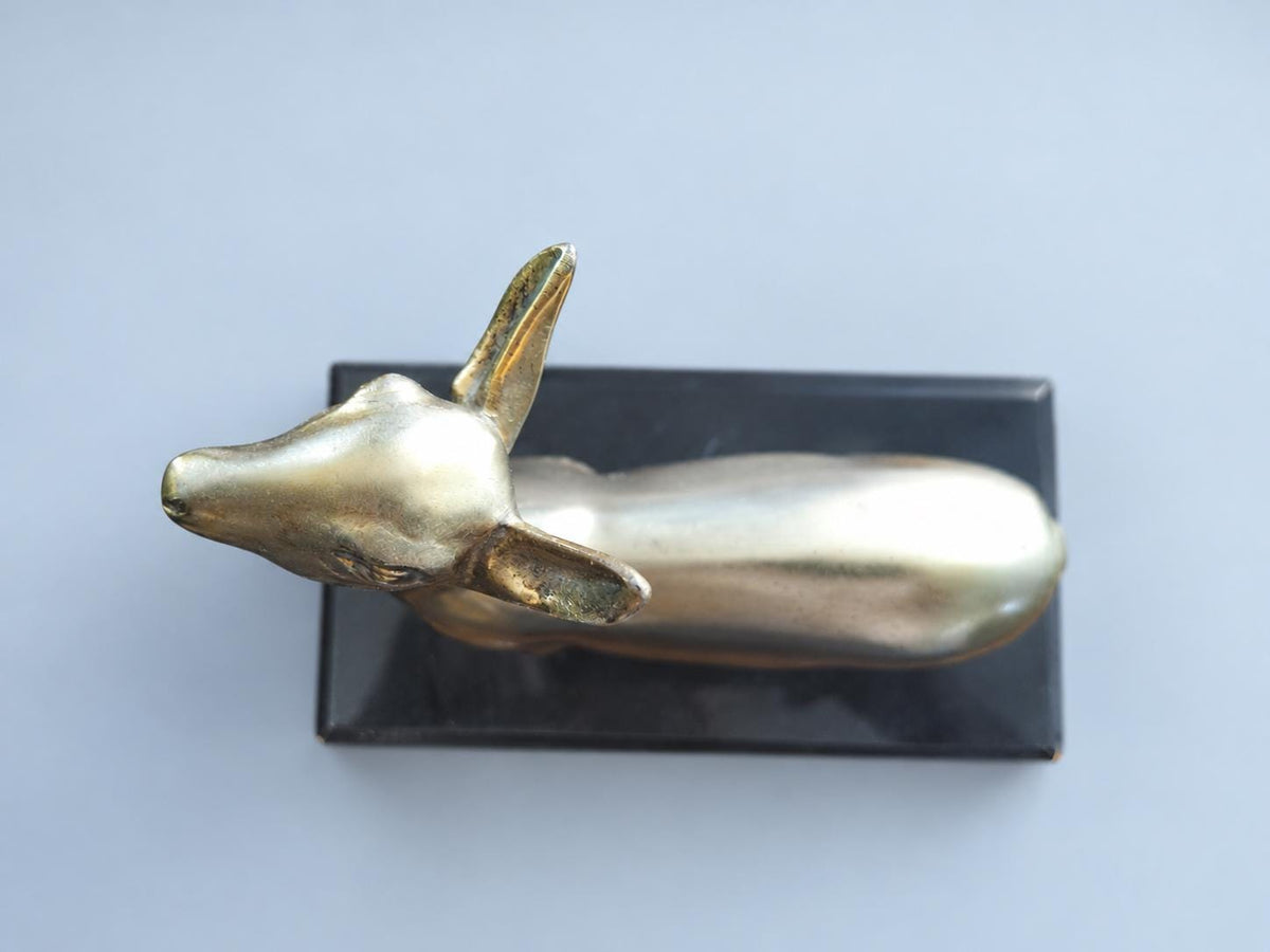 Vintage Art Deco Style Doe Statuette, Gilt Metal Fawn Looking Upward on Black Marble Base, 21 cm