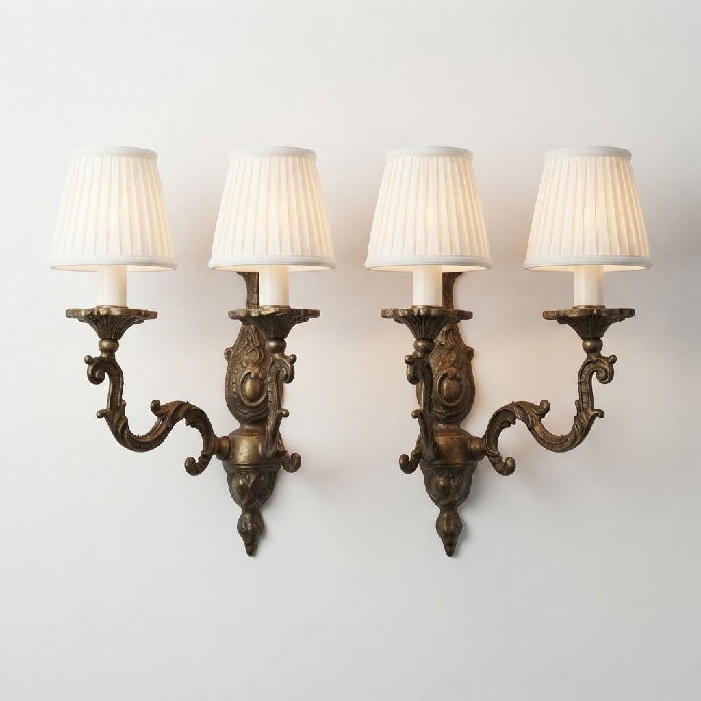 Vintage Pair of Louis XV Style Wall Sconces, Patinated Metal Acanthus Scroll Arms with Cartouche Backplates, Two Lights Each, 29 cm