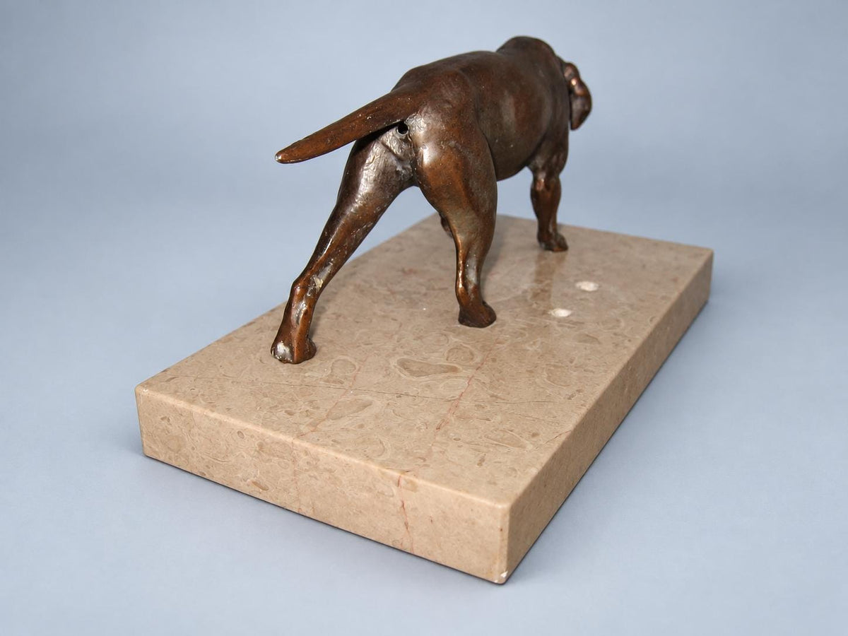 Vintage Hunting Dog Sculpture Following a Scent, Patinated Metal Hound on Beige Marble Base, 20.5 cm