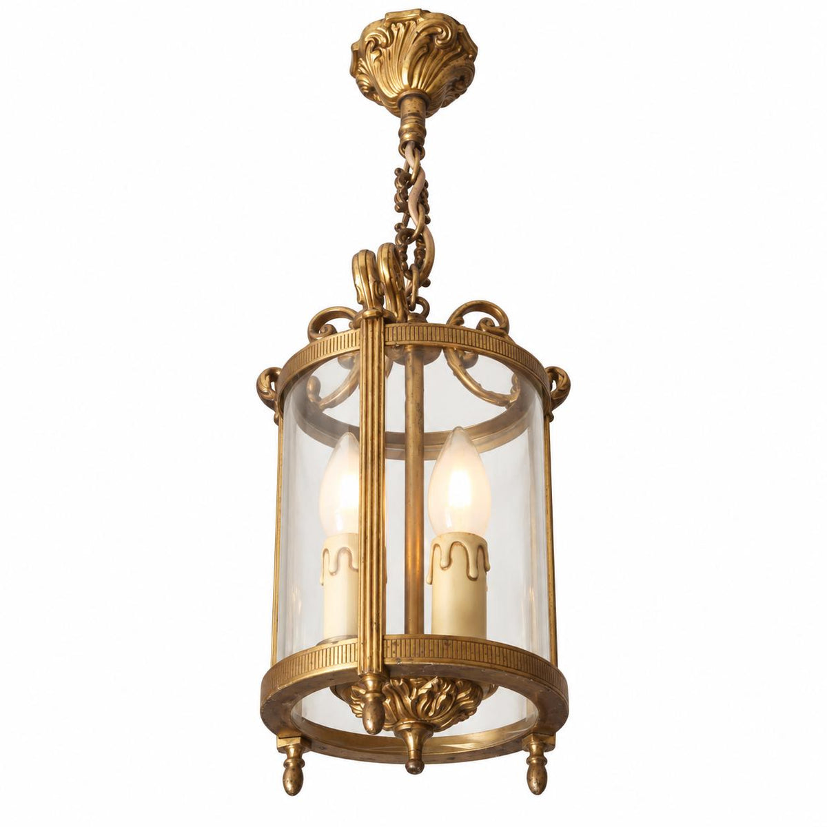 Vintage Hall Lantern, Attributed 1960s–70s, Gilt Metal Cylinder with Curved Glass, Reeded Uprights and Acorn Drops, Two Lights, 30 cm
